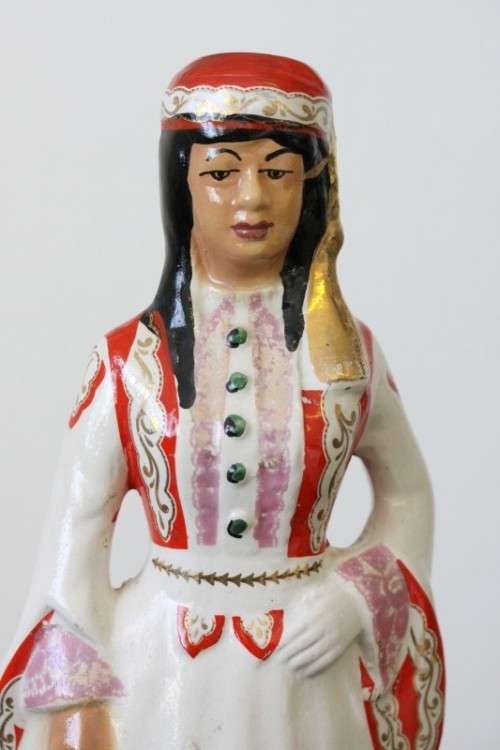 A beautiful vintage Greek "Metaxa Oyzo" hand-painted decanter of a traditional Greek Woman RS17Sale