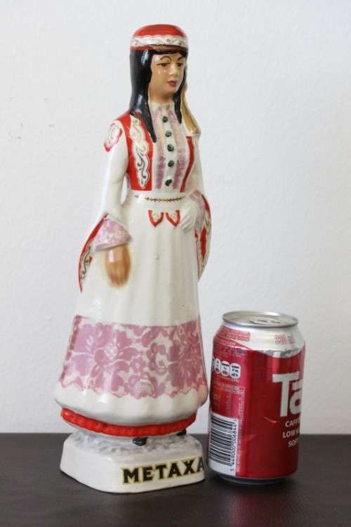 A beautiful vintage Greek "Metaxa Oyzo" hand-painted decanter of a traditional Greek Woman RS17Sale