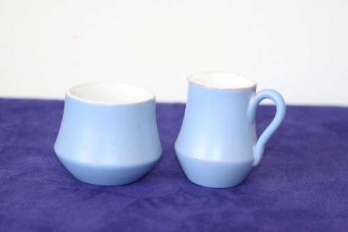 A gorgeous "Tea-For-Two" terracotta stoneware milk jug/ creamer and sugar bowl set in a soft blue