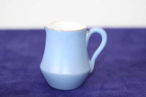 A gorgeous "Tea-For-Two" terracotta stoneware milk jug/ creamer and sugar bowl set in a soft blue