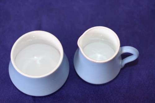 A gorgeous "Tea-For-Two" terracotta stoneware milk jug/ creamer and sugar bowl set in a soft blue
