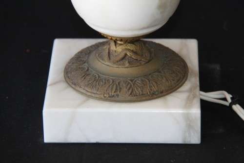 A spectacular white marble and brass table lamp with a stunning shade in wonderful condition