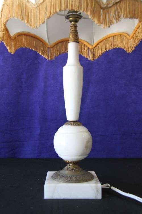 A spectacular white marble and brass table lamp with a stunning shade in wonderful condition