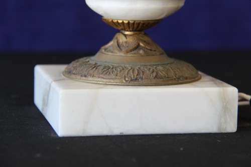 A spectacular white marble and brass table lamp with a stunning shade in wonderful condition