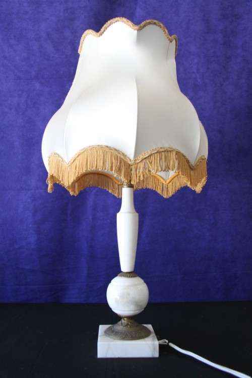 A spectacular white marble and brass table lamp with a stunning shade in wonderful condition