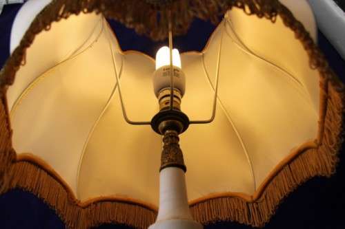 A spectacular white marble and brass table lamp with a stunning shade in wonderful condition