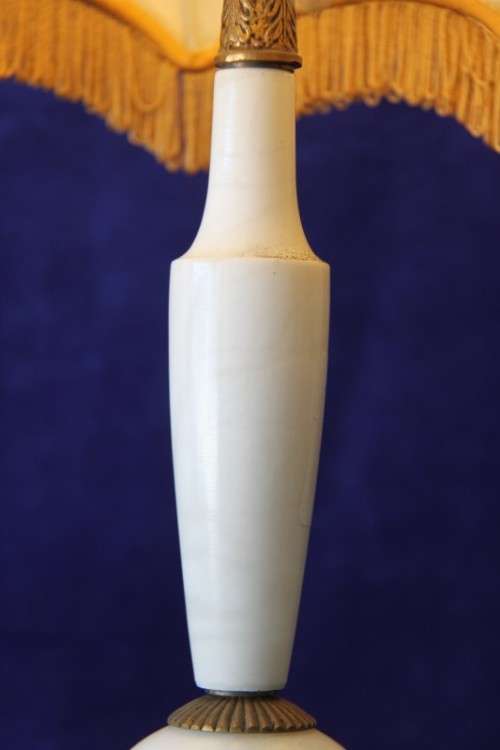 A spectacular white marble and brass table lamp with a stunning shade in wonderful condition