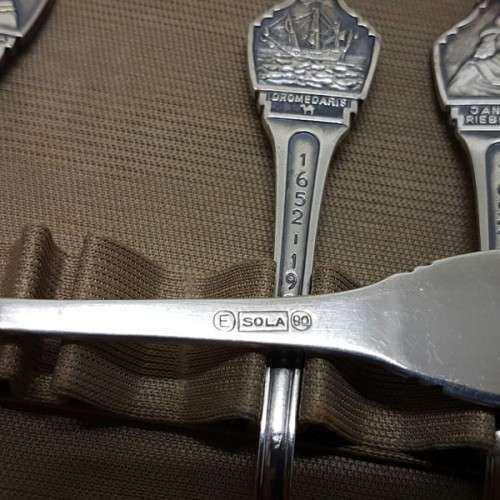 A spectacular rare Dutch Sola 90 boxed set of six EPNS teaspoons, six cake forks & sugar spoon