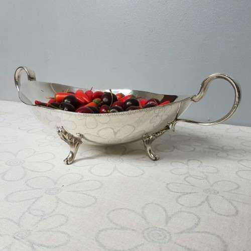 A stunning large vintage Rhodesian silver plated "double-handle" footed serving bowl w/ beaded edge