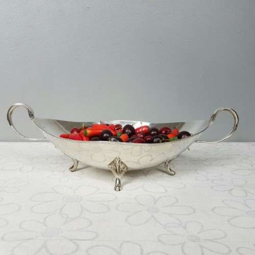 A stunning large vintage Rhodesian silver plated "double-handle" footed serving bowl w/ beaded edge