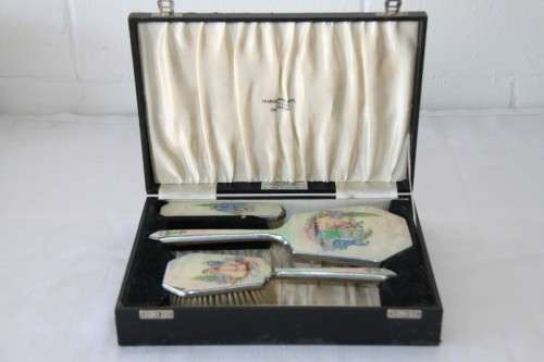 **RS17** A beautiful antique Art Deco enamelled vanity set w/ brushes & mirror in its original case
