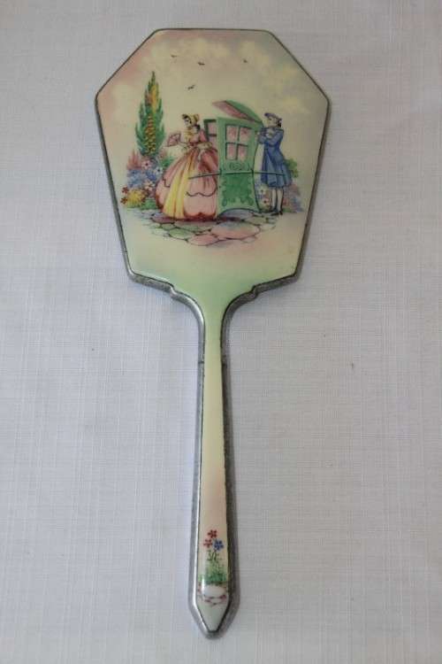 **RS17** A beautiful antique Art Deco enamelled vanity set w/ brushes & mirror in its original case
