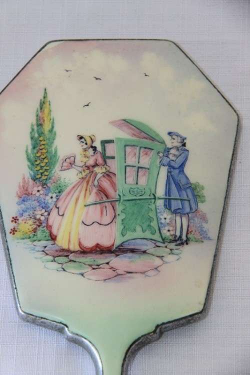 **RS17** A beautiful antique Art Deco enamelled vanity set w/ brushes & mirror in its original case