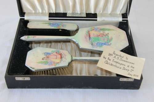 **RS17** A beautiful antique Art Deco enamelled vanity set w/ brushes & mirror in its original case