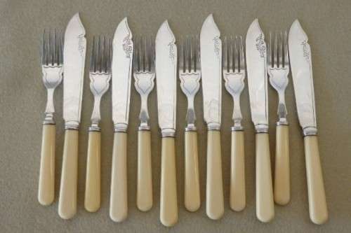 A stunning vintage bone handle style "fish knife and fork" set in its original wooden canteen