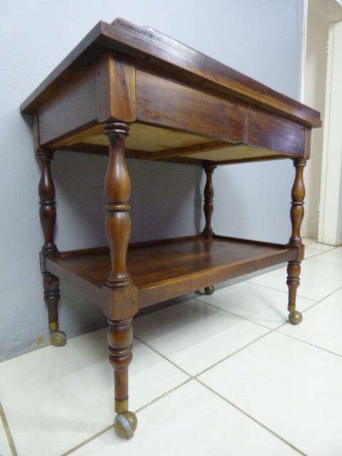 A magnificent vintage Stink wood butlers tray on castors w 2 drawers, 2 trays in fantastic condition