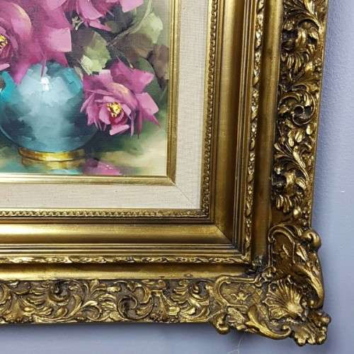 A beautiful original signed "Jeanette Dykman" Roses painting in a magnificent gold gilded frame