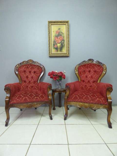Two beautiful, elegant Victorian arm chairs with deep button detailing & brocade fabric!!! bid/chair