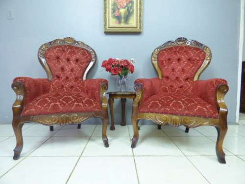 Two beautiful, elegant Victorian arm chairs with deep button detailing & brocade fabric!!! bid/chair