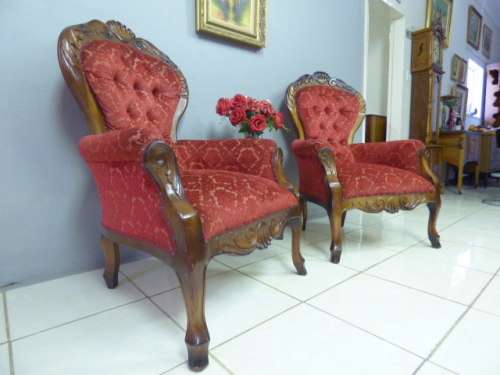 Two beautiful, elegant Victorian arm chairs with deep button detailing & brocade fabric!!! bid/chair