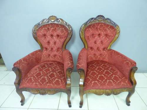 Two beautiful, elegant Victorian arm chairs with deep button detailing & brocade fabric!!! bid/chair