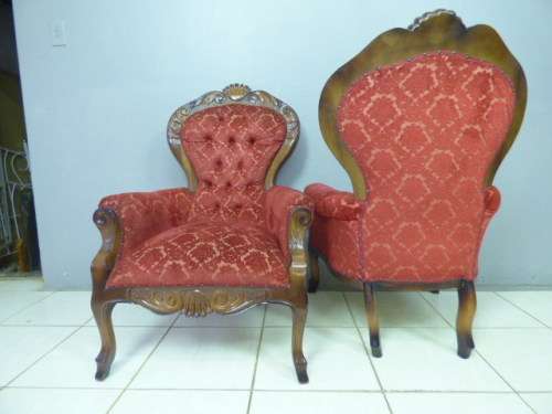 Two beautiful, elegant Victorian arm chairs with deep button detailing & brocade fabric!!! bid/chair