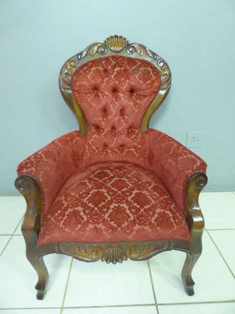 Two beautiful, elegant Victorian arm chairs with deep button detailing & brocade fabric!!! bid/chair