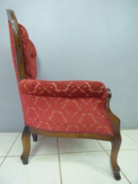 Two beautiful, elegant Victorian arm chairs with deep button detailing & brocade fabric!!! bid/chair