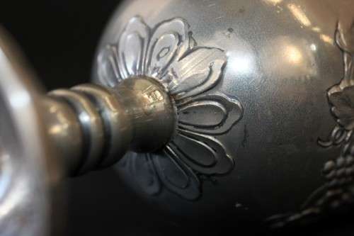 A stunning pair of silver plated (on copper) wine goblets w/ stunning detailing on them