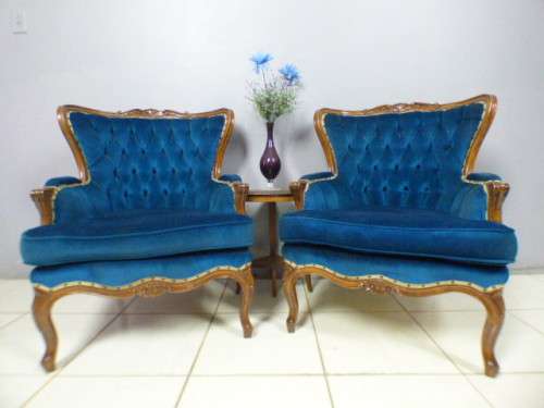 2 elegant Victorian arm chairs with deep button detailing & gorgeous, vibrant blue fabric