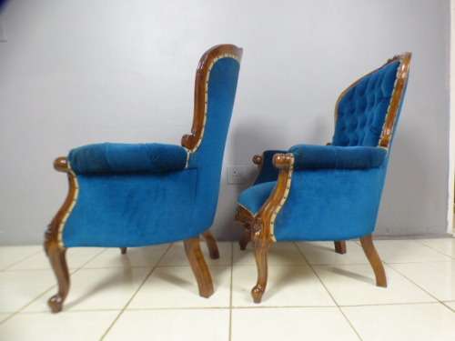 2 gorgeous Victorian arm chairs with deep button detailing & stunning, vibrant blue fabric