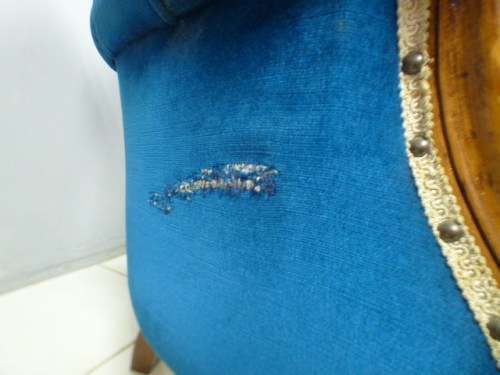 2 gorgeous Victorian arm chairs with deep button detailing & stunning, vibrant blue fabric