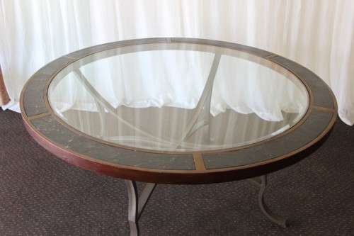 A stunning "All-Weather" patio table with bevelled glass top & 6x chairs with upholstered seats RS17