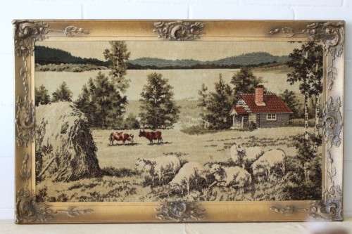 A beautiful vintage "farm scene" tapestry in a stunning LARGE antique gold moulded frame