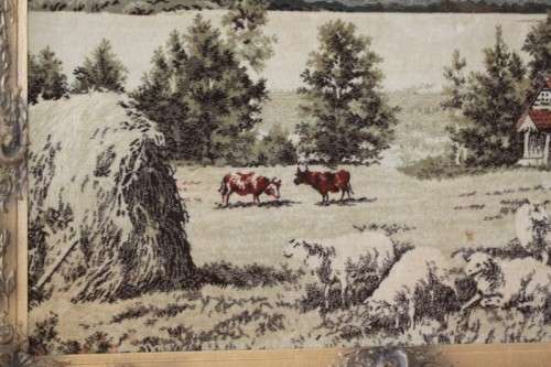 A beautiful vintage "farm scene" tapestry in a stunning LARGE antique gold moulded frame