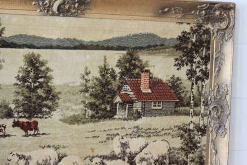 A beautiful vintage "farm scene" tapestry in a stunning LARGE antique gold moulded frame