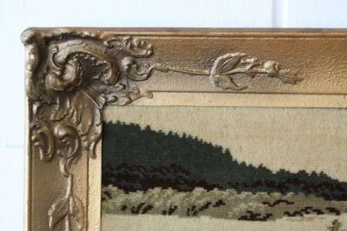 A beautiful vintage "farm scene" tapestry in a stunning LARGE antique gold moulded frame