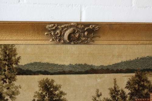A beautiful vintage "farm scene" tapestry in a stunning LARGE antique gold moulded frame