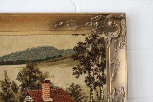 A beautiful vintage "farm scene" tapestry in a stunning LARGE antique gold moulded frame