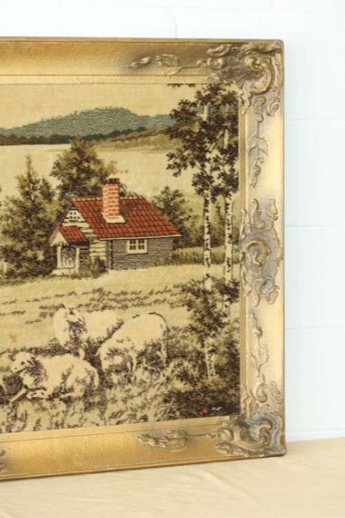 A beautiful vintage "farm scene" tapestry in a stunning LARGE antique gold moulded frame