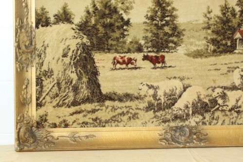 A beautiful vintage "farm scene" tapestry in a stunning LARGE antique gold moulded frame