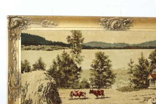 A beautiful vintage "farm scene" tapestry in a stunning LARGE antique gold moulded frame
