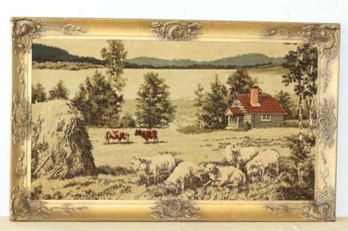 A beautiful vintage "farm scene" tapestry in a stunning LARGE antique gold moulded frame