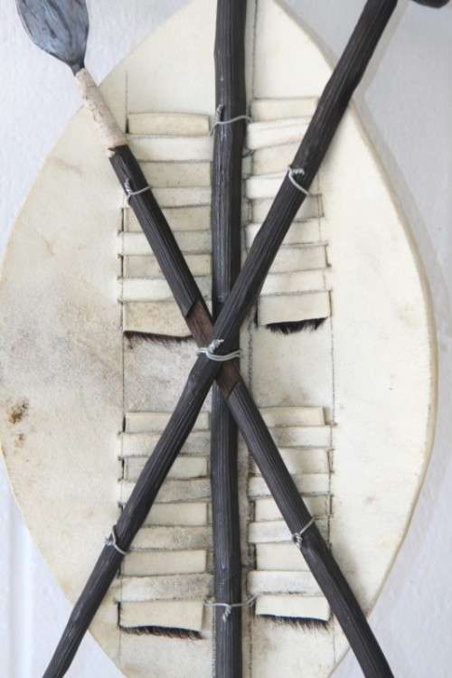 An amazing traditional Zulu cowhide shield with a spear and knobkierie