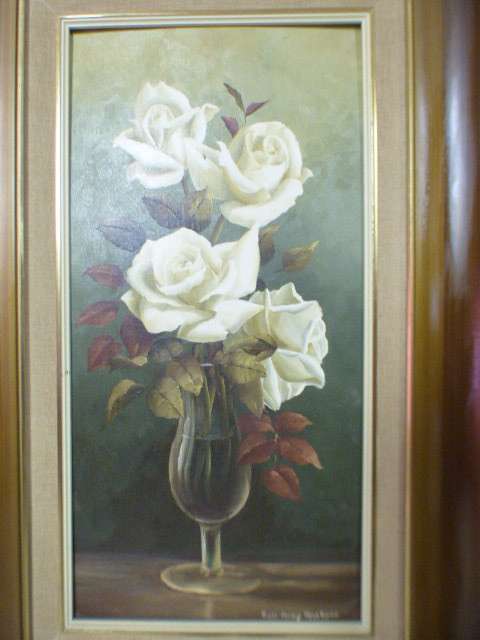 A beautiful oil painting of roses by renowned artist Rose-Mary Hacking. Stunning in home or office!!