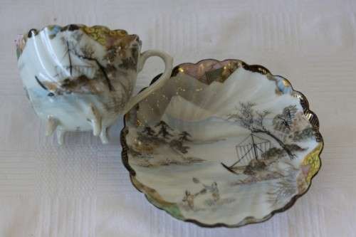 Two rare antique Japanese "translucent" porcelain teacups and saucers with amazing hand painted work