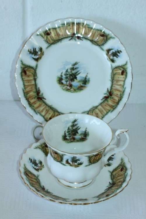 An incredibly rare vintage "Royal Albert" Knotty Pine trio, including teacup, saucer & cake plate