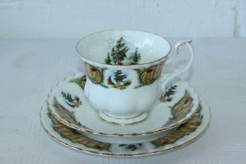 An incredibly rare vintage "Royal Albert" Knotty Pine trio, including teacup, saucer & cake plate