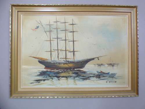 A beautiful signed and framed "V Vaseo" oil painting of a sailing ship in gorgeous condition