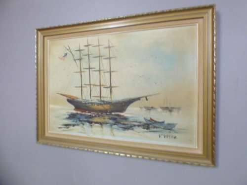 A beautiful signed and framed "V Vaseo" oil painting of a sailing ship in gorgeous condition